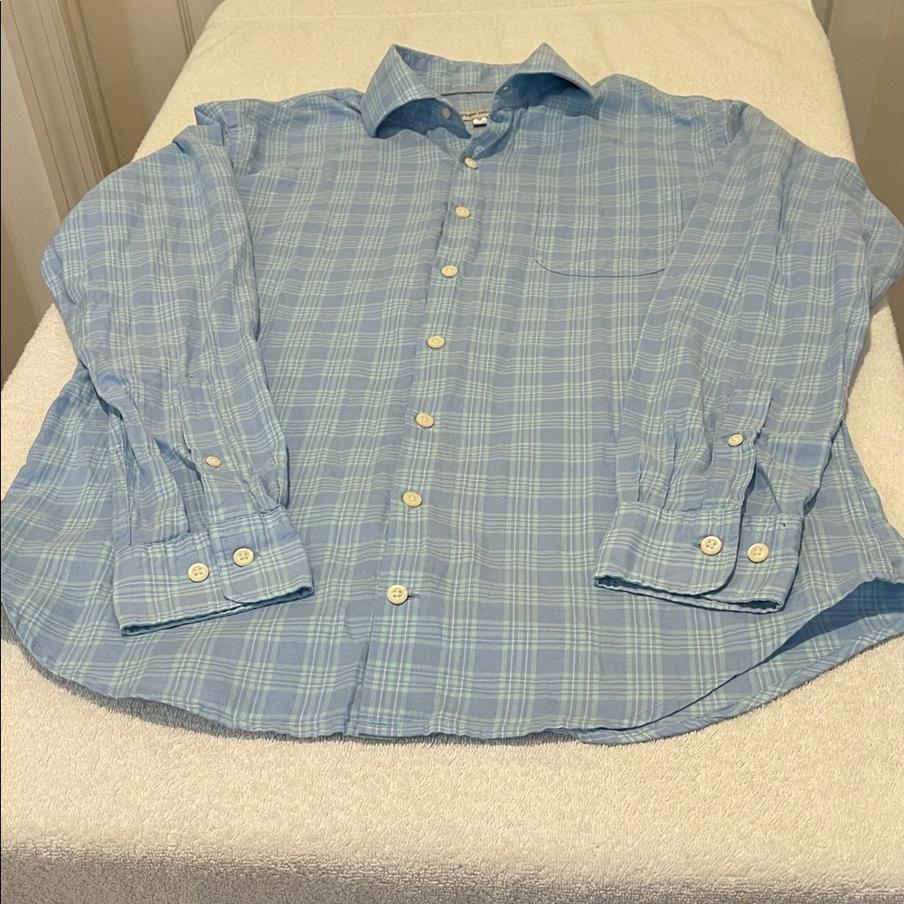 Peter Millar Light Blue Check Crispy Button Down Collared Classic Shirt Mens Med